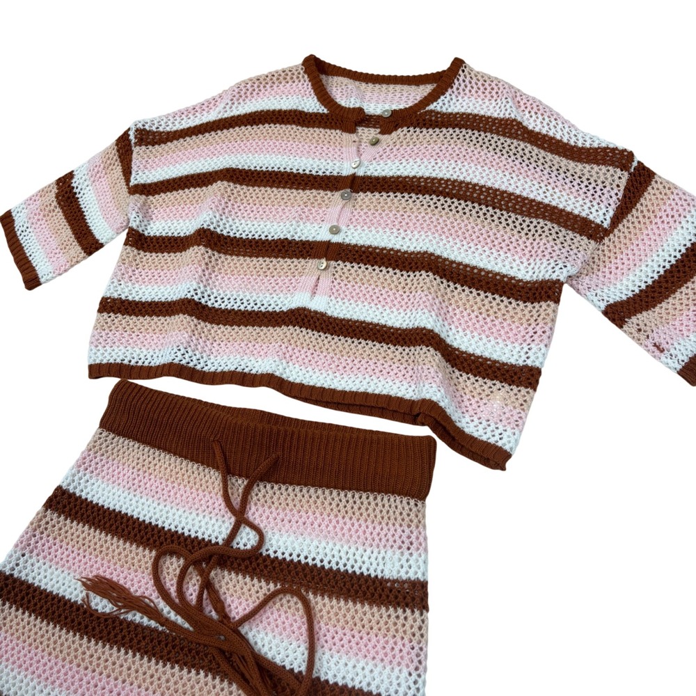 Product Garment Crochet Knit 2 Piece Set Striped Top Mini Skirt Brown Pink Small